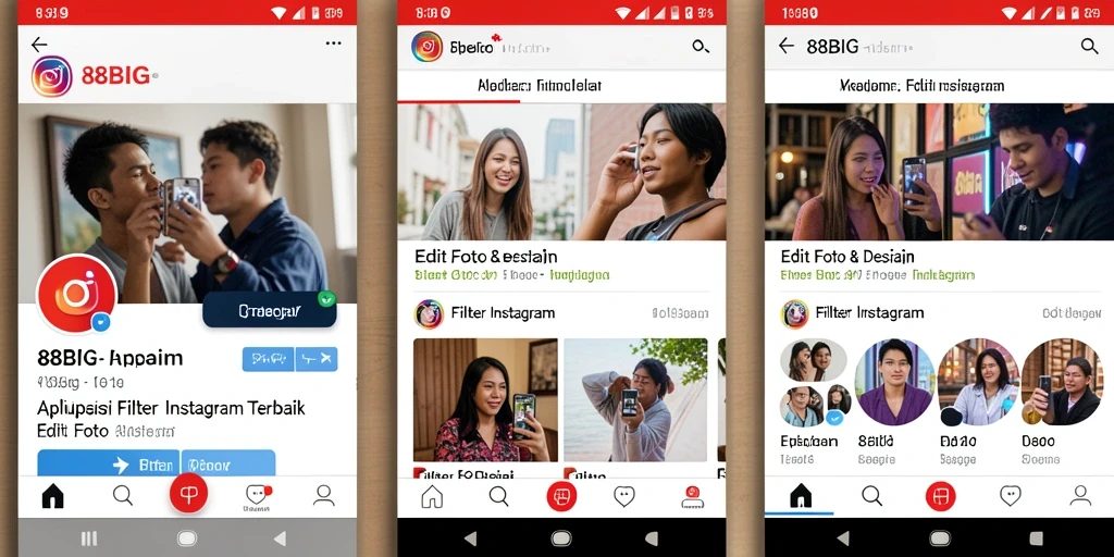 Antarmuka aplikasi 88BIG menampilkan berbagai filter Instagram yang menarik.