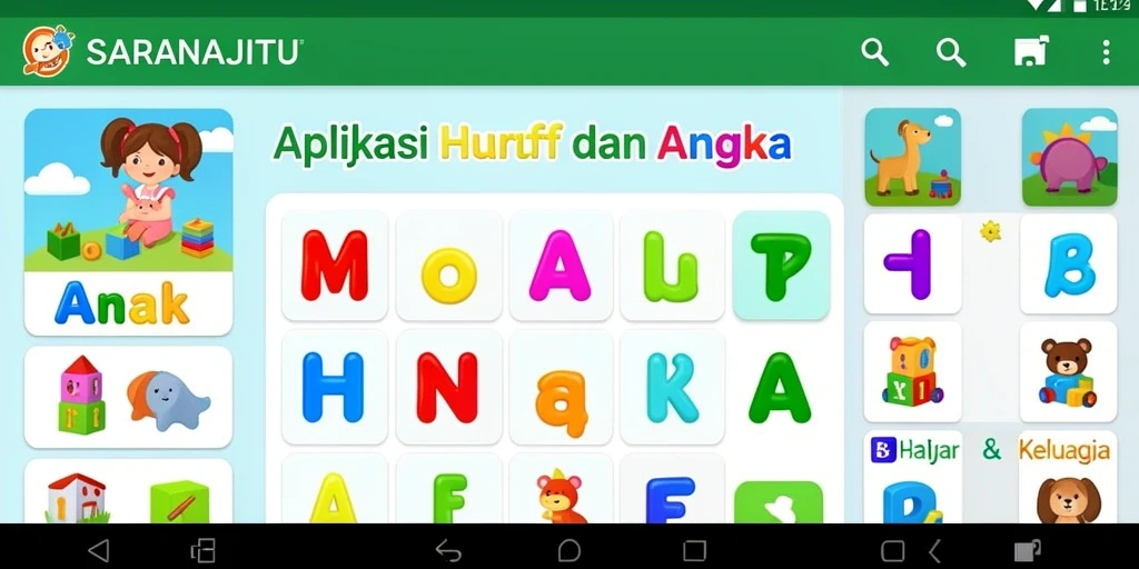 Tampilan antarmuka aplikasi SARANAJITU yang mewarnai proses belajar anak.